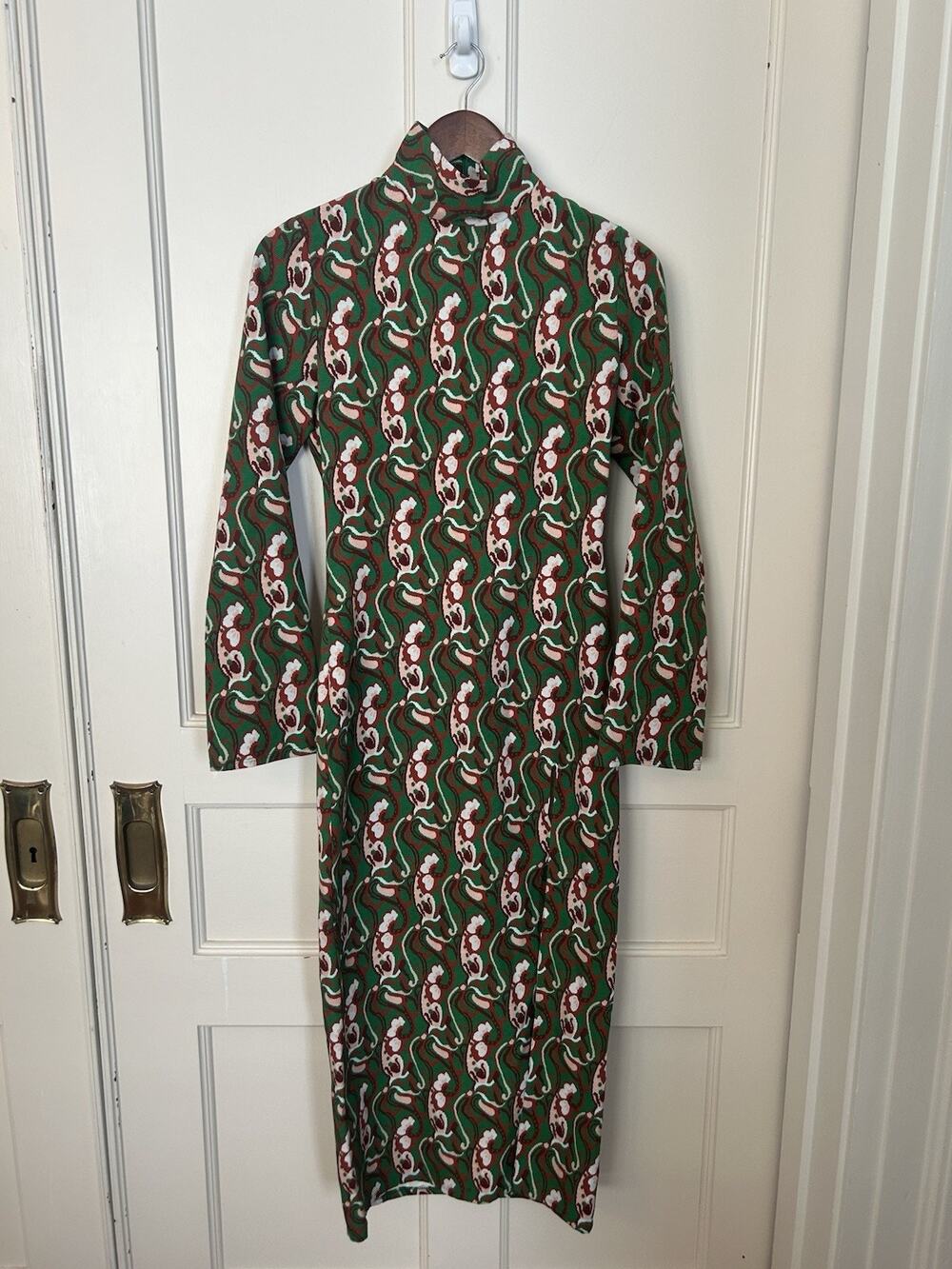 Zara Funky Print High Neck Stretch Midi Dress Womens Size XS Green Retro Fun